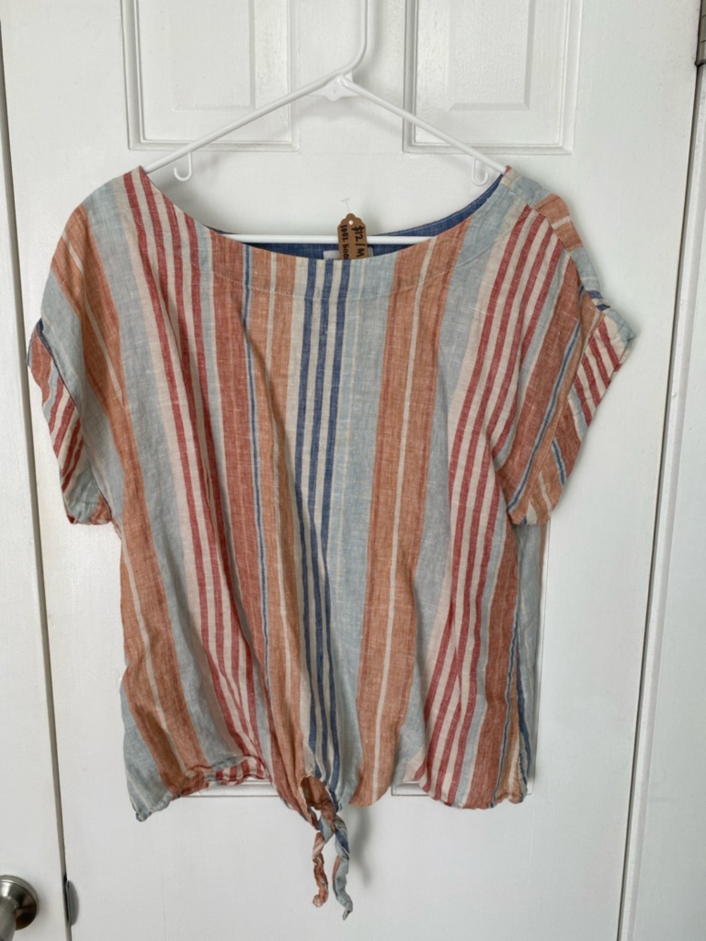 Linen Striped Tie-Front Short Sleeve Top in Rust, Blue & Cream